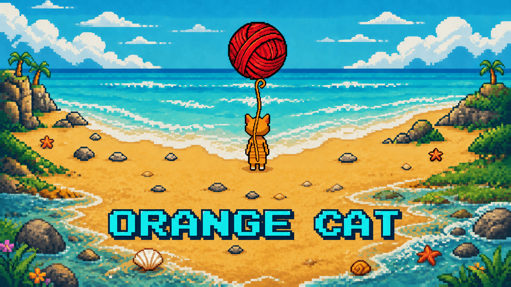 Orange Cat faces a giant red bubble on a pixel-art beach